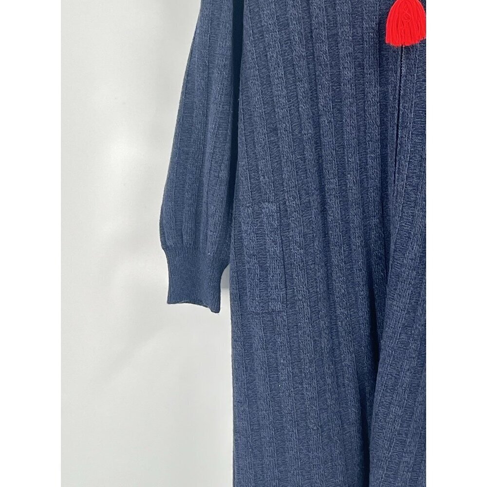 Navy Blue Sweater Dress Maxi Shacket Full Zip Ribbed Pockets Tassel Sz M Boho - Picture 2 of 5